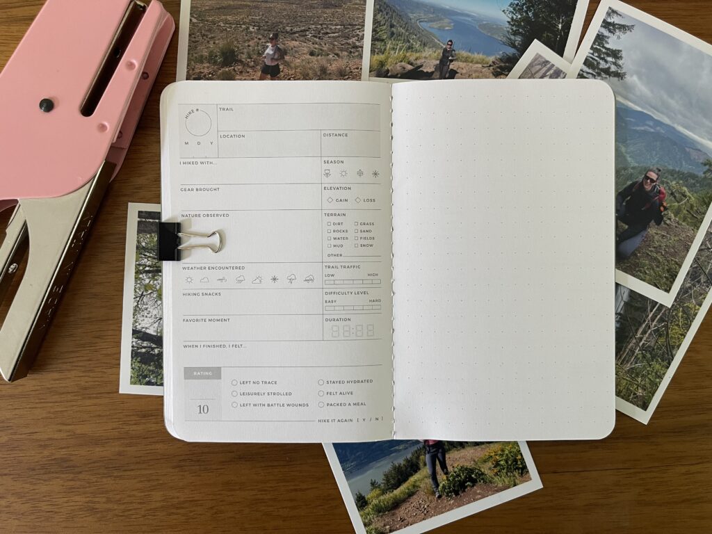 A blank inside spread of my Letterfolk Hike Passport. On the left page, a templated "form" of sorts to fill out prompted information. On the right page, a dot-grid.