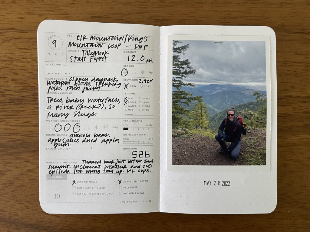 Spread of my Elk Mountain/King's Mountain Loop hike in Tillamook State Forest near the Oregon coast, which I did not finish. Details about the hike are written on the left page, a photo of me from the hike is on the right page, with the date of the hike stamped beneath it.