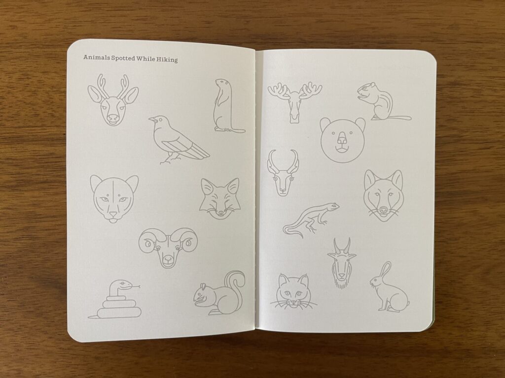 Hike Passport back matter spread titled "animals spotted while hiking"
