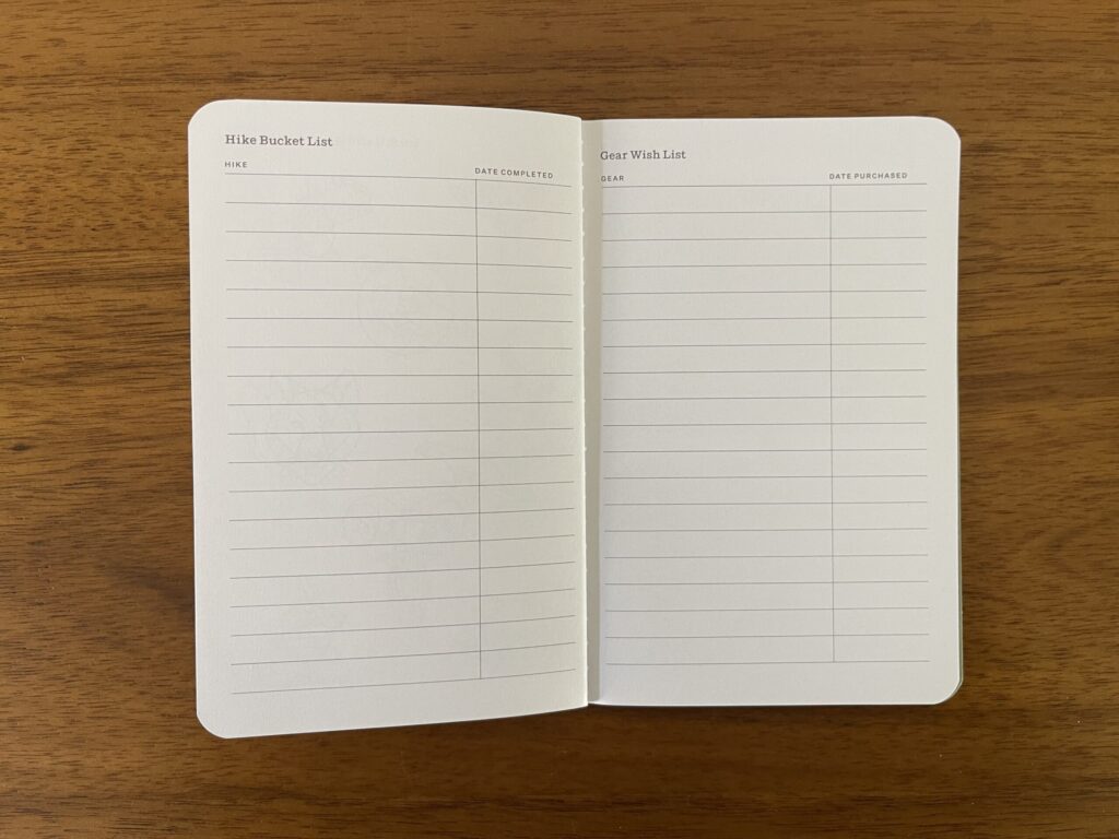 Hike Passport back matter spread titled "hike bucket list" on the left and "gear wish list" on the right.