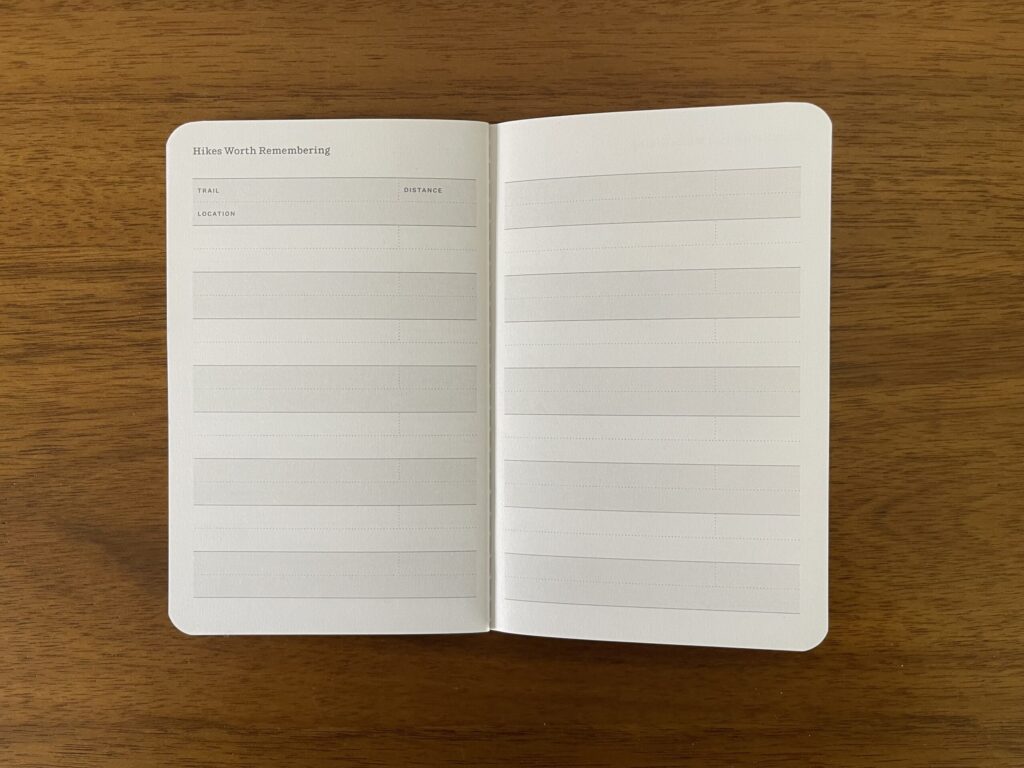 Hike Passport back matter spread titled "hikes worth remembering"