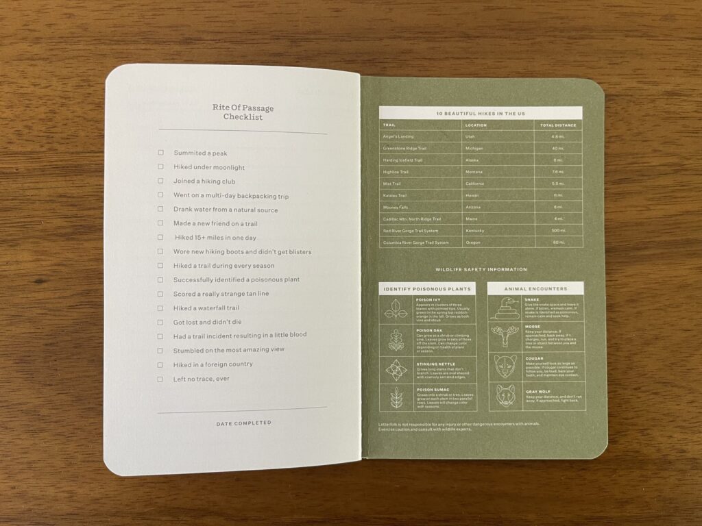 Hike Passport back matter spread titled "rite of passage checklist" on the left and the back cover with a list of 10 beautiful hikes in the United States and some wildlife information.