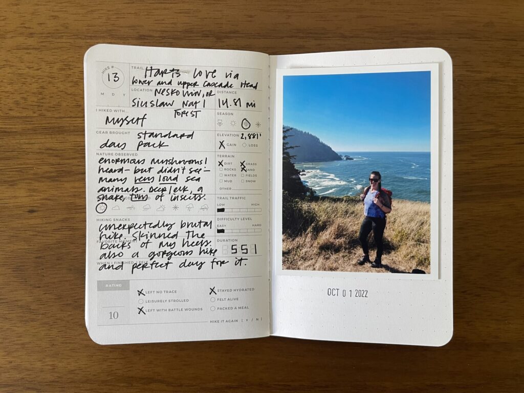 Spread of my Hart's Cove hike in Neskowin/Siuslaw National Forest along the Oregon Coast. Details about the hike are written on the left page, a photo of me from the hike is on the right page, with the date of the hike stamped beneath it.
