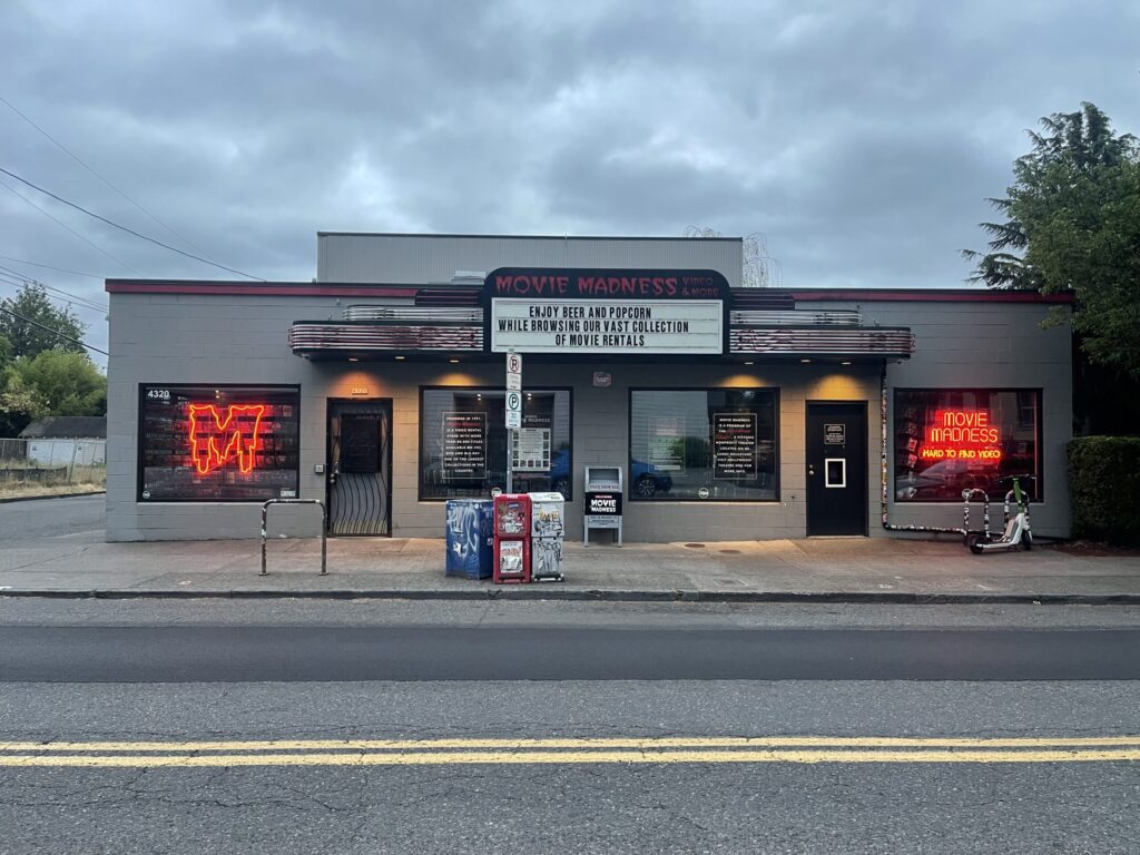 The front of Portland's last-standing and much-loved VHS and DVD rental store, Movie Madness.