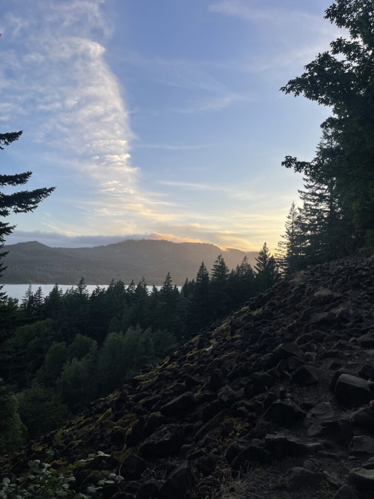 The sun rising over the Columbia River Gorge. 
