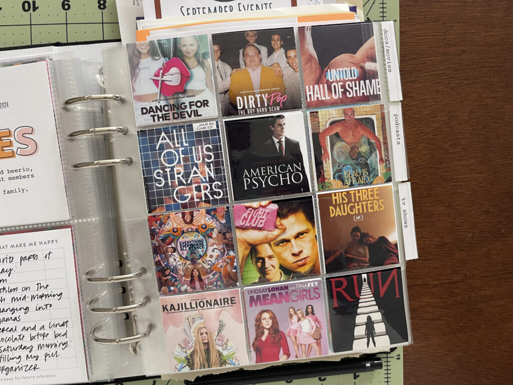 A 6-inch by 8-inch page protector divided into pockets measuring 2 inches by 2 inches. Each pocket is filled with a 2-inch by 2-inch thumbnail of a docuseries or movie I streamed at home in 2024. 