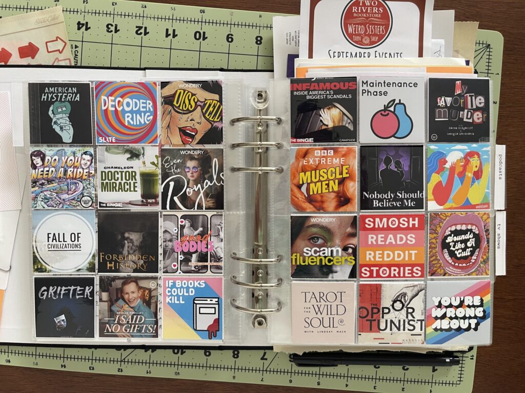 A spread of two 6-inch by 8-inch page protectors, each divided into pockets measuring 2 inches by 2 inches. Each pocket is filled with a 2-inch by 2-inch thumbnail of a podcast I listened to in 2024. 