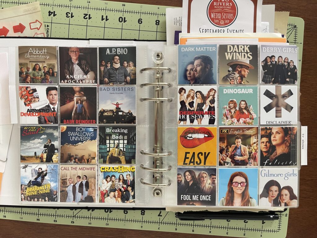A spread of two 6-inch by 8-inch page protectors, each divided into pockets measuring 2 inches by 2 inches. Each pocket is filled with a 2-inch by 2-inch thumbnail of a TV show I watched in 2024. 