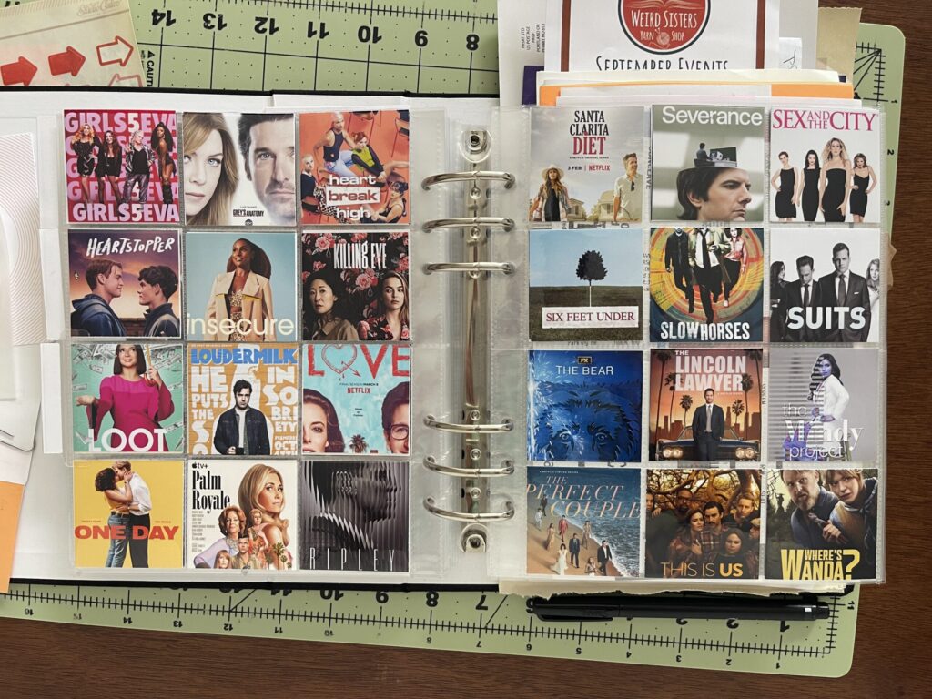 Another spread of two 6-inch by 8-inch page protectors, each divided into pockets measuring 2 inches by 2 inches. Each pocket is filled with a 2-inch by 2-inch thumbnail of a TV show I watched in 2024. 