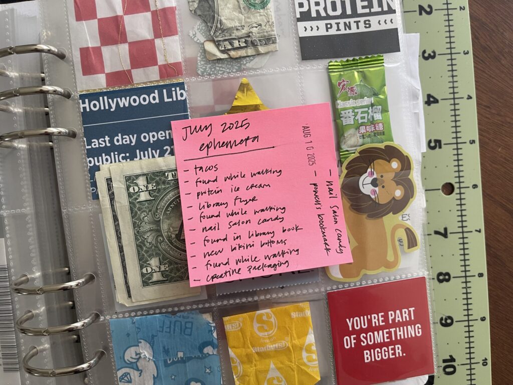 My handwritten list on a sticky note enumerating each item in each pocket of the page protector, adhered to the front of the page protector. 