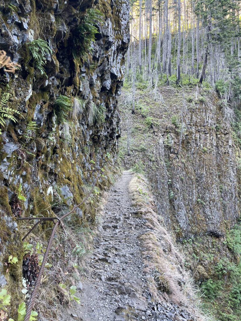 A cable handrail installed into the side of the cliff face. The trail is very narrow and rocky. On the side opposite the handrail, a vertical drop-off.
