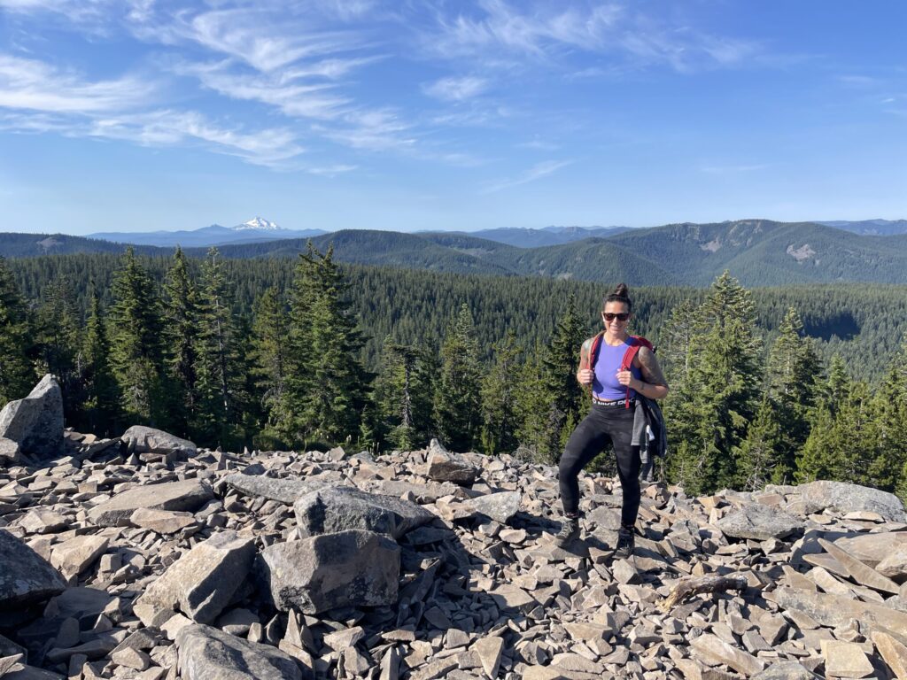 Me, standing atop the false summit, with a snow-capped Mount Jefferson in the background. 