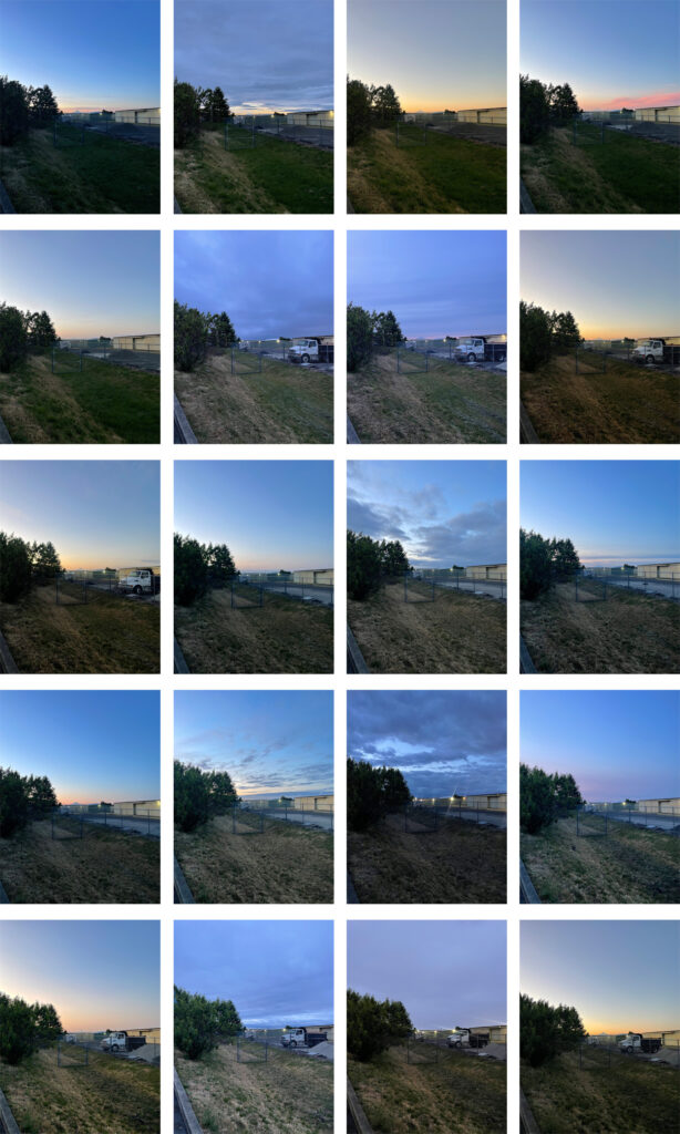 A grid of 20 photos of the morning sky from May 27, 2025, through June 30, 2025. Sometimes the sunrise is vibrant, other times it's cloudy and dark. 