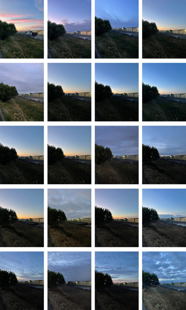 A grid of 20 photos of the morning sky from July 1, 2025, through August 7, 2025. Sometimes the sunrise is vibrant, other times it's cloudy and dark. 