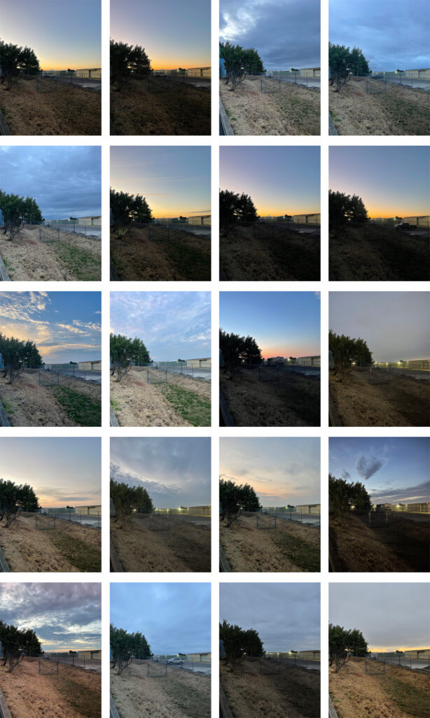 A grid of 20 photos of the morning sky from August 11, 2025, through September 15, 2025. Sometimes the sunrise is vibrant, other times it's cloudy and dark. 