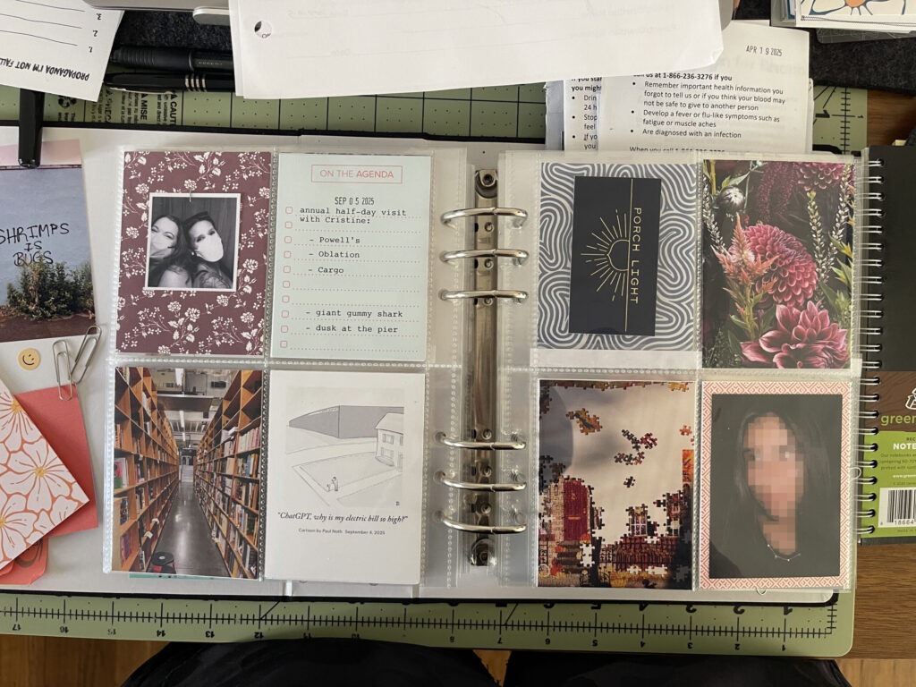A spread of my 6-inch-by-8-inch 2025 Project Life album showing snippets of my life from the end of summer and beginning of fall.