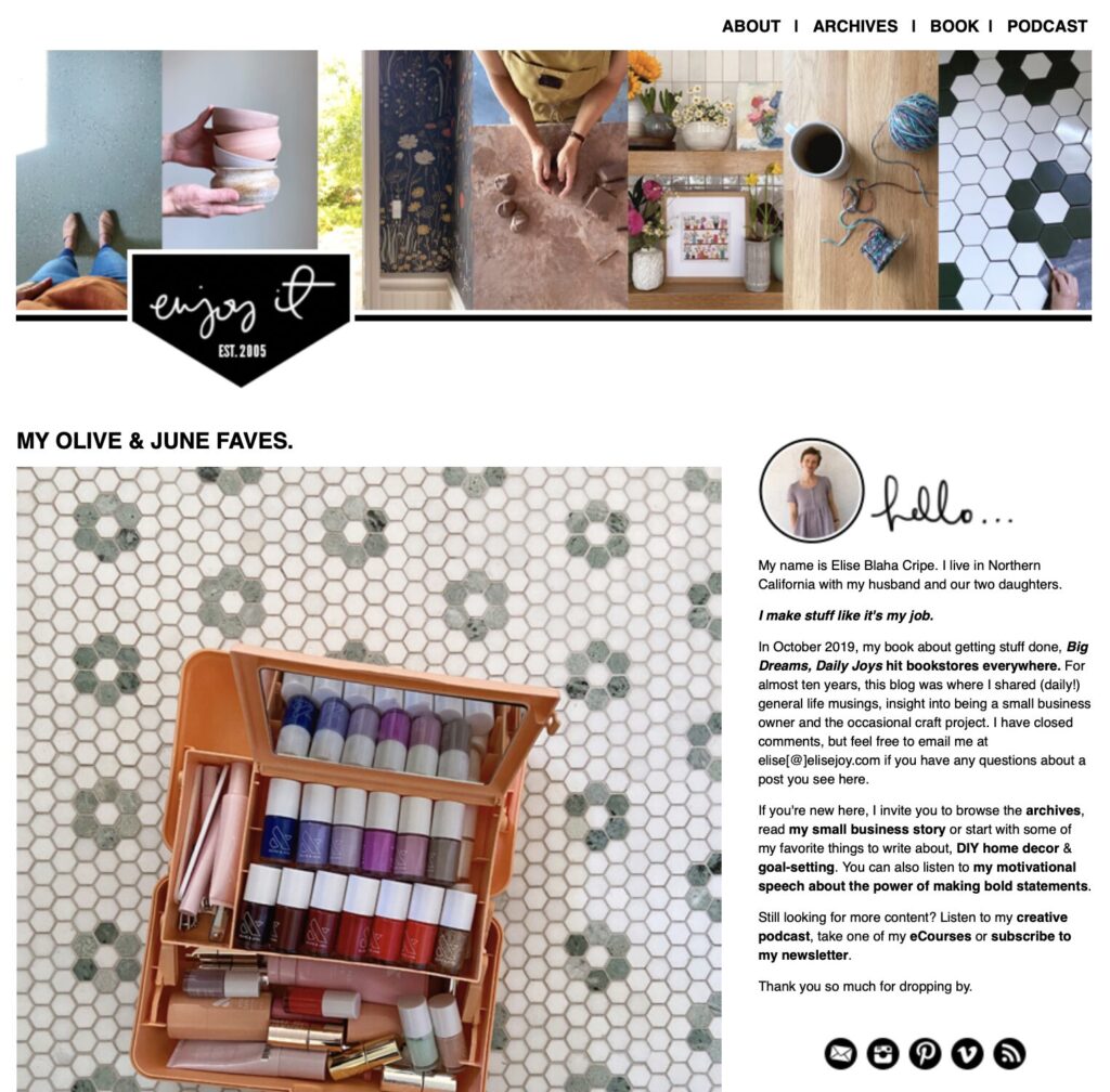 Above-the-fold screenshot of Enjoy It, a personal blog started by Elise Blaha Cripe in 2005. 
