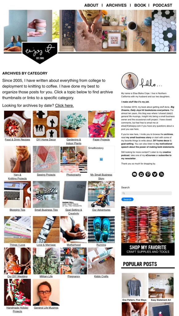 Above-the-fold screenshot of the visual archives page Elise created and coded herself for her blog. 