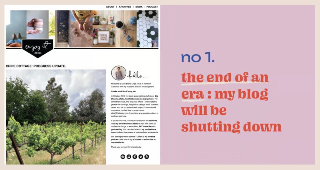 Screenshot of Elise's newsletter announcing that her blog would be shutting down Tuesday, September 30, 2025, along with the rest of the Typepad blogging platform and ecosystem. 