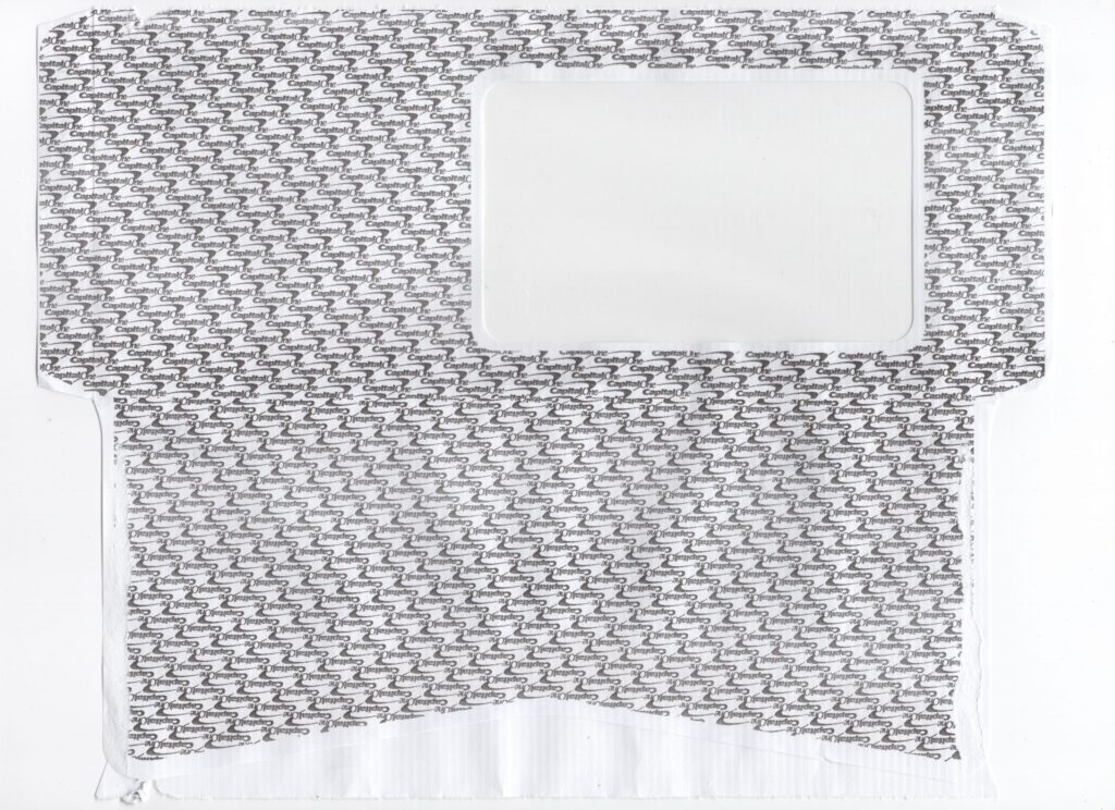 Scan of the inside of a deconstructed envelope printed with a branded black-and-white Capital One security pattern.