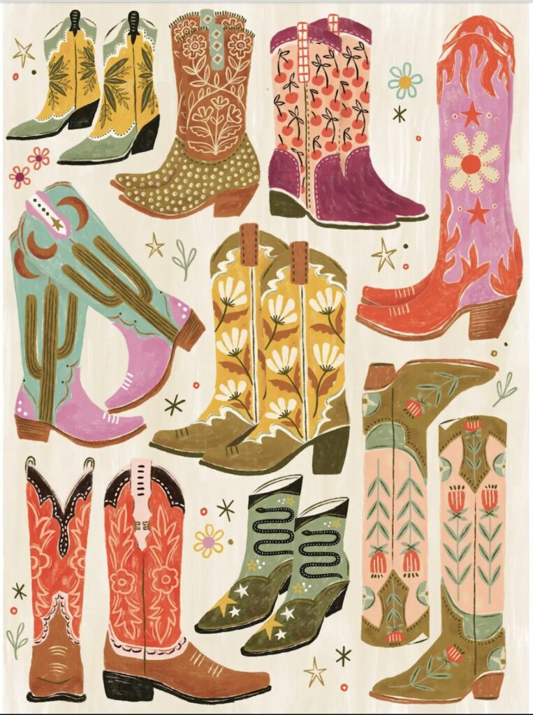 A 1,000-piece puzzle of nine pairs of cowboy boots, each illustrated with a different feminine pattern. 