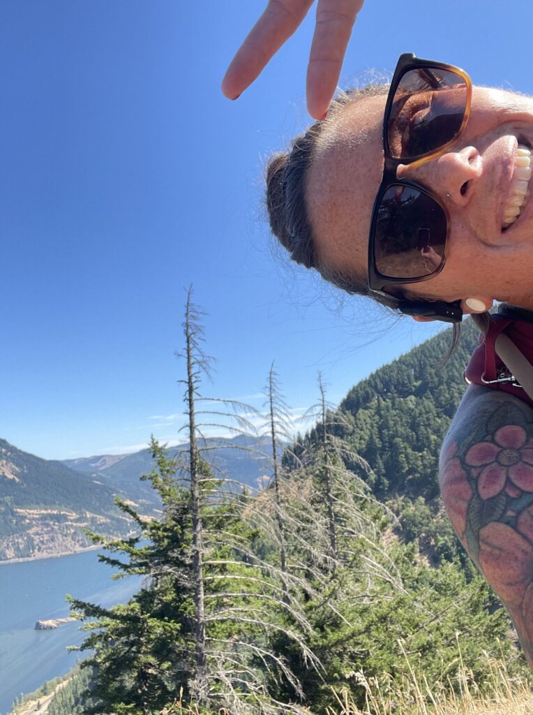 Too-close selfie of me near the end of Mount Defiance and Starvation Ridge, with the Columbia River in the background. 