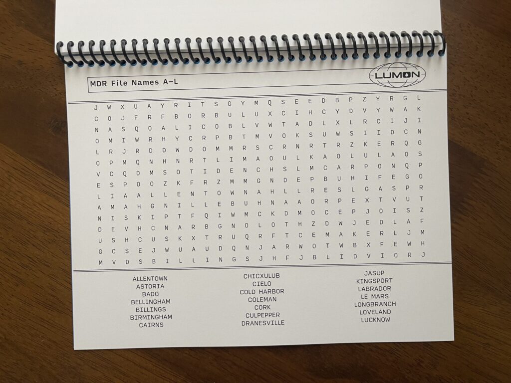 A word search modeled after the MDR terminal screen. The theme of the puzzle is "MDR Files Names A-L."