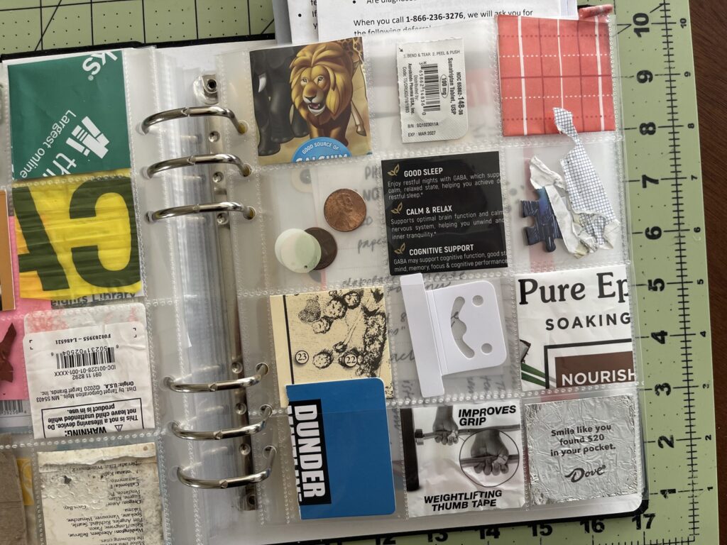A 6-inch by 8-inch page protector divided into 12 two-inch by two-inch pockets. Each pocket hold a piece of ephemera from my life in September 2025, as enumerated in the bulleted lists in the body of the post.