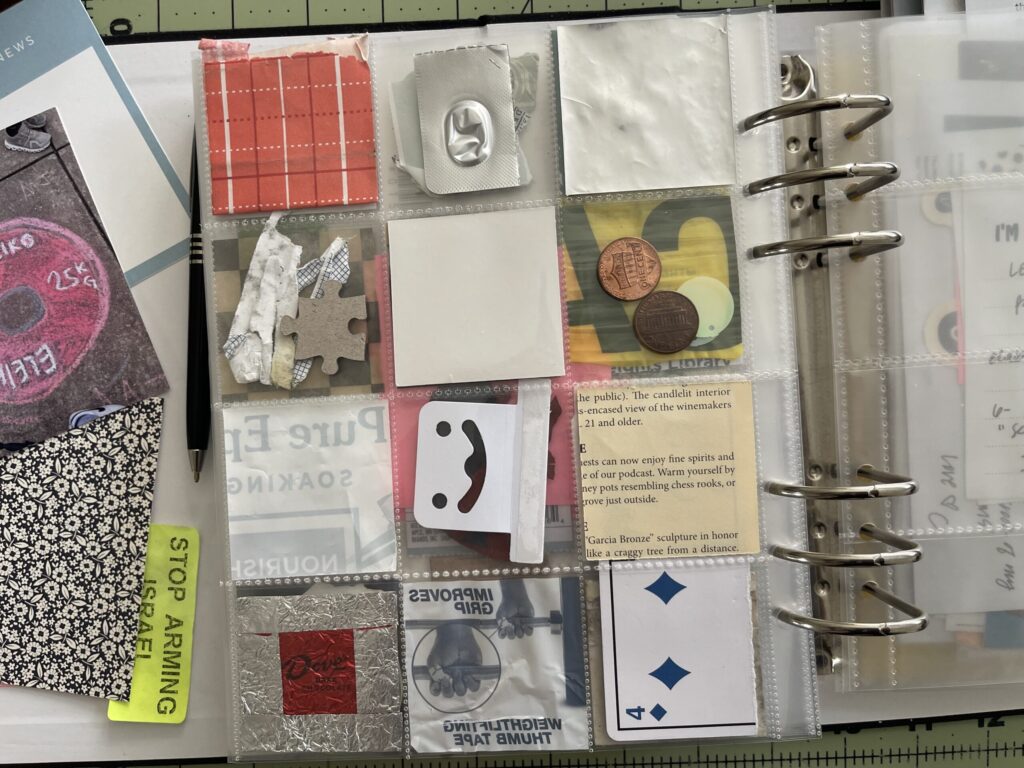 Back of a 6-inch by 8-inch page protector divided into 12 two-inch by two-inch pockets. Each pocket hold a piece of ephemera from my life in September 2025, as enumerated in the bulleted lists in the body of the post.