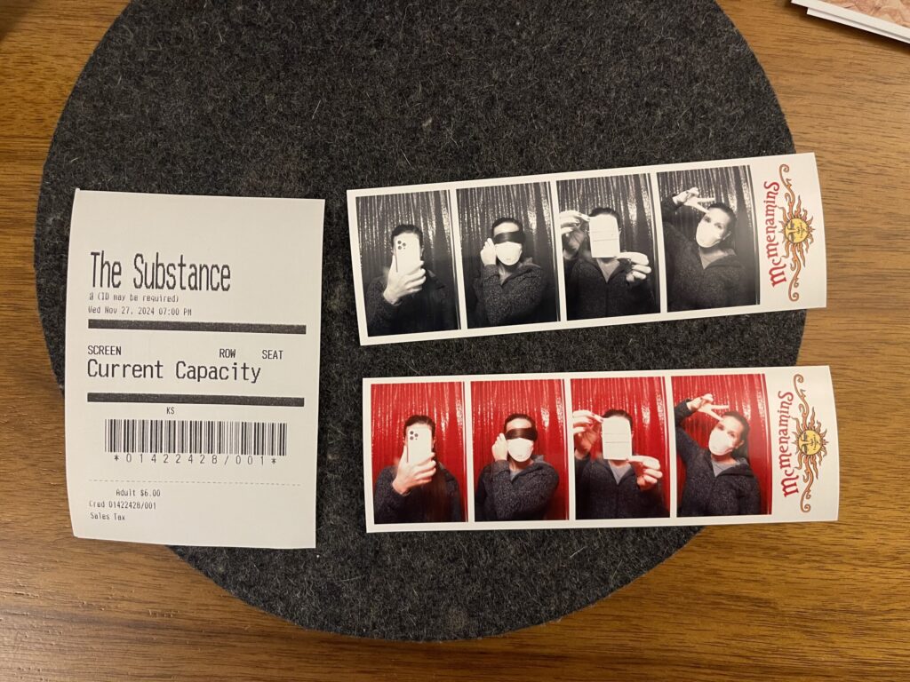 Photo booth strip and movie ticket stub from Kennedy School Theater, where I saw "The Substance."