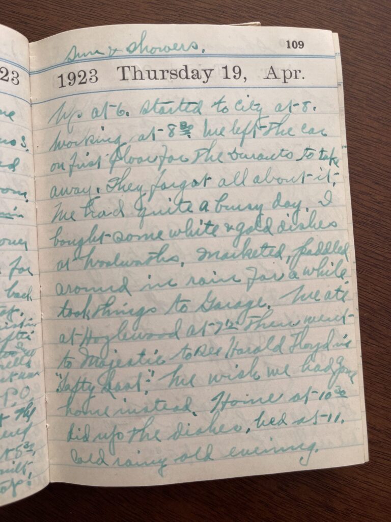 Page from a diary from 1923. The relevant portion is quoted in the photo's caption.
