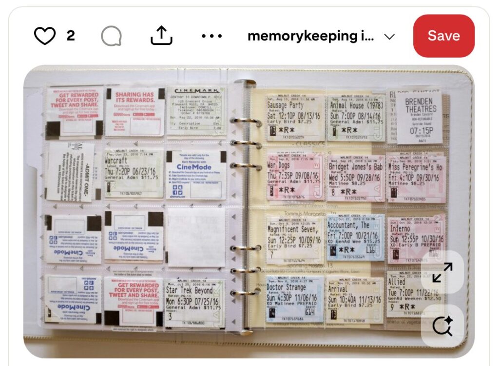 Screenshot from Pinterest of a ticket stubs collected by memorykeeper Jamaica.