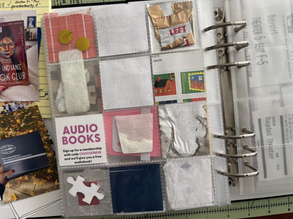 Back of a 6-inch by 8-inch page protector divided into 12 two-inch by two-inch pockets. Each pocket hold a piece of ephemera from my life in October 2025, as enumerated in the bulleted lists in the body of the post.