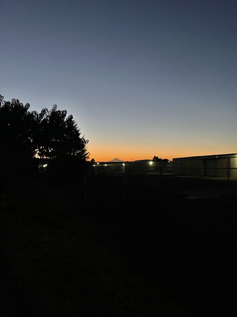 Clear-sky sunrise over Mount Hood.