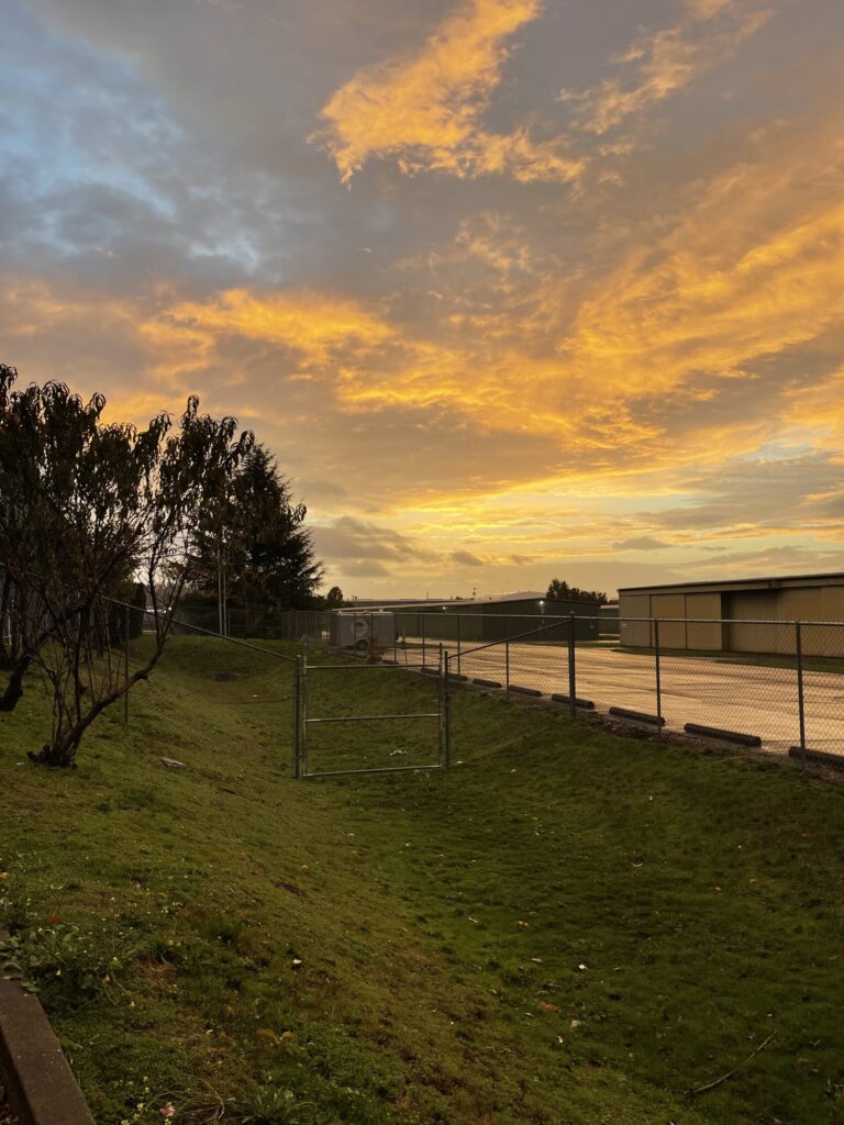 Sunrise over Mount Hood with golden clouds.