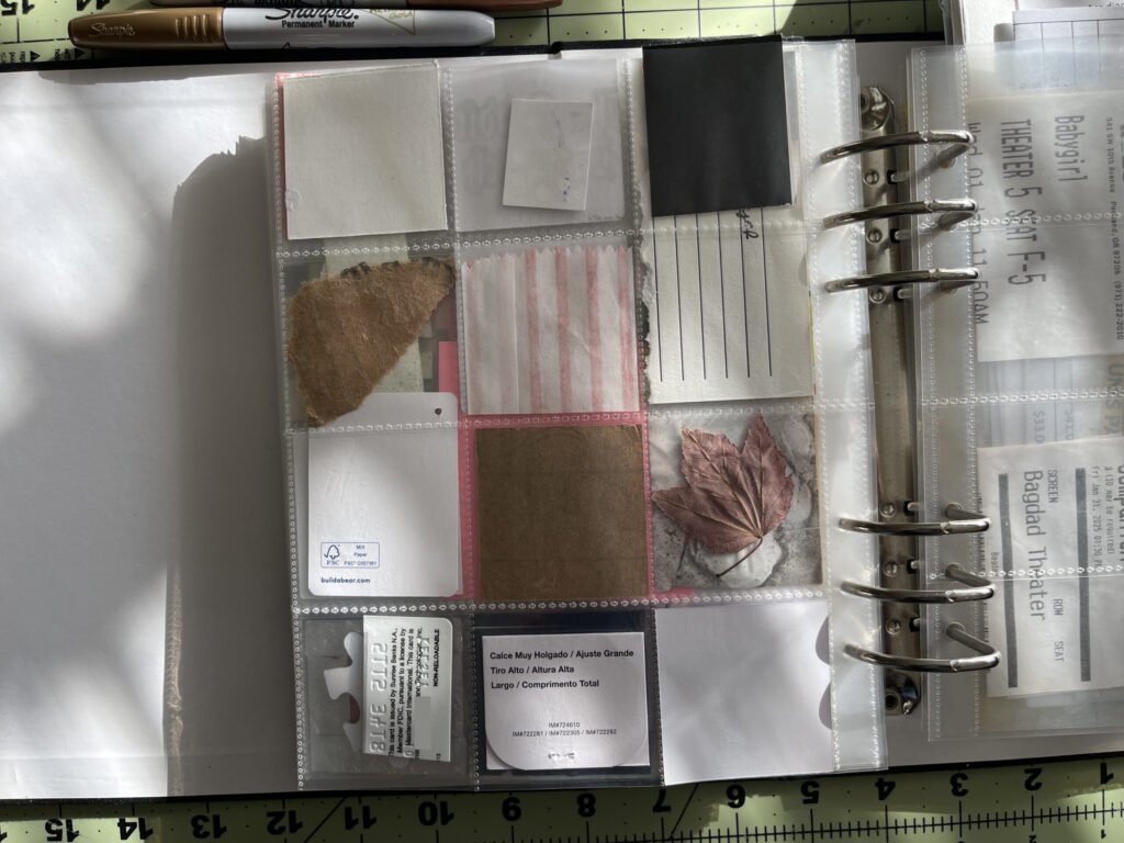 Back of a 6-inch by 8-inch page protector divided into 12 two-inch by two-inch pockets. Each pocket hold a piece of ephemera from my life in November 2025, as enumerated in the bulleted lists in the body of the post.