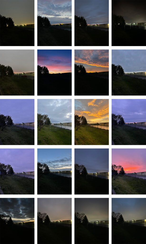 A grid of 20 photos of the morning sky from October 21, 2025, through November 25, 2025. Sometimes the sunrise is vibrant, other times it's cloudy and dark. 