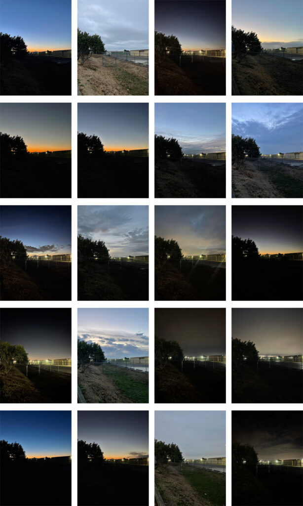 A grid of 20 photos of the morning sky from September 16, 2025, through October 20, 2025. Sometimes the sunrise is vibrant, other times it's cloudy and dark. 
