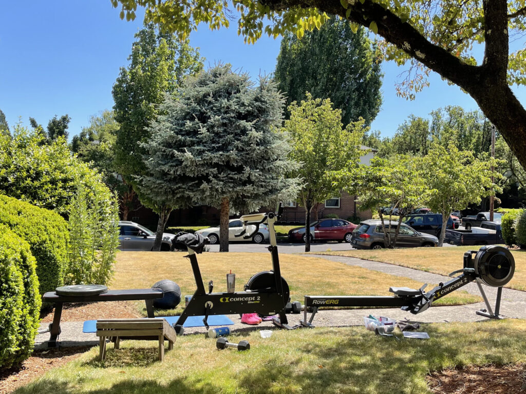 A bench press bench, C2 bike erg, C2 row erg, and various bumper plates and dumbbells on the pathway and grass in front of my apartment. 