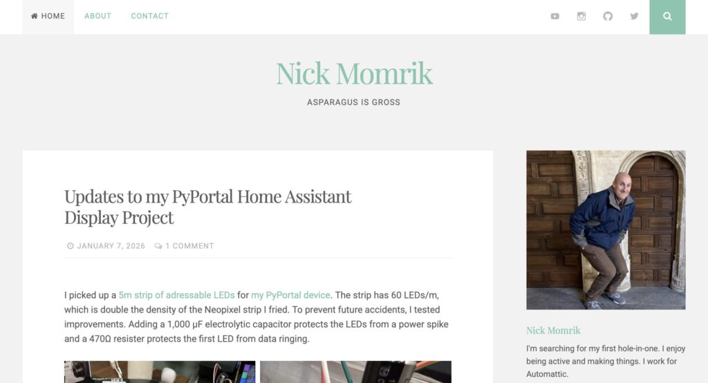 Screenshot of the homepage for Nick Momrik's personal blog, featuring his tagline, "asparagus is gross"
