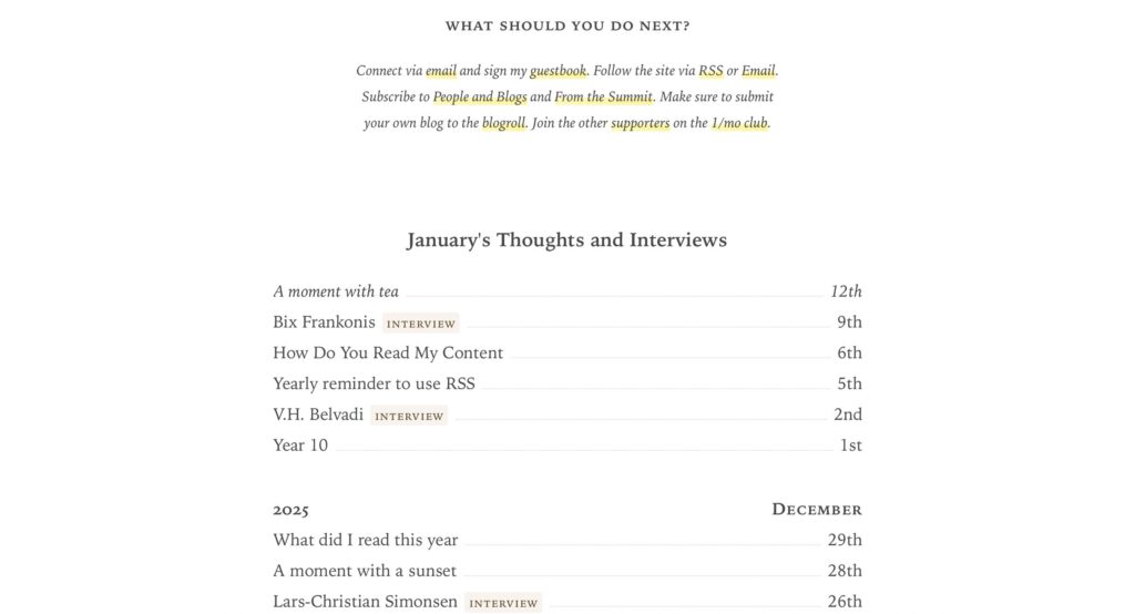 Screenshot of the homepage for Manuel Moreale's personal blog, designed to look like a table of contents. 