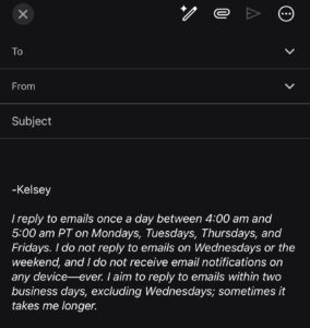 Screenshot of my email signature block. It reads, "I reply to emails once a day between 4:00 am and 5:00 am PT on Mondays, Tuesdays, Thursdays, and Fridays. I do not reply to emails on Wednesdays or the weekend, and I do not received email notifications on any device—ever. I aim to reply to emails within two business days, excluding Wednesdays; sometimes it takes me longer."