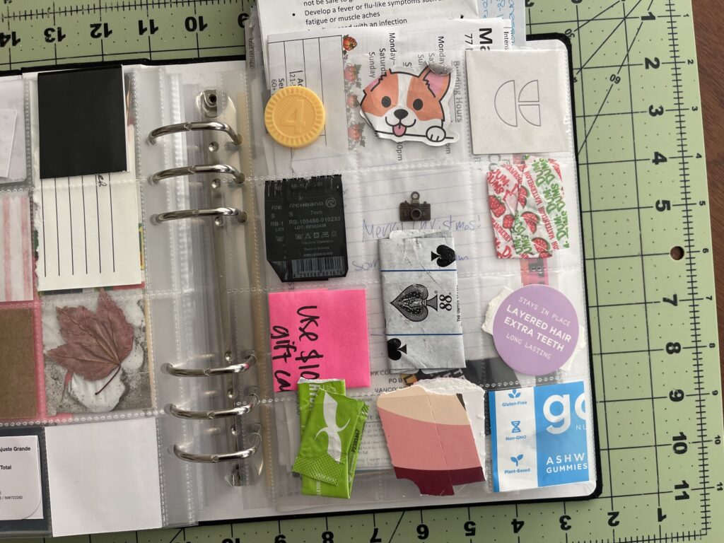 A 6-inch by 8-inch page protector divided into 12 two-inch by two-inch pockets. Each pocket hold a piece of ephemera from my life in December 2025, as enumerated in the bulleted lists in the body of the post.