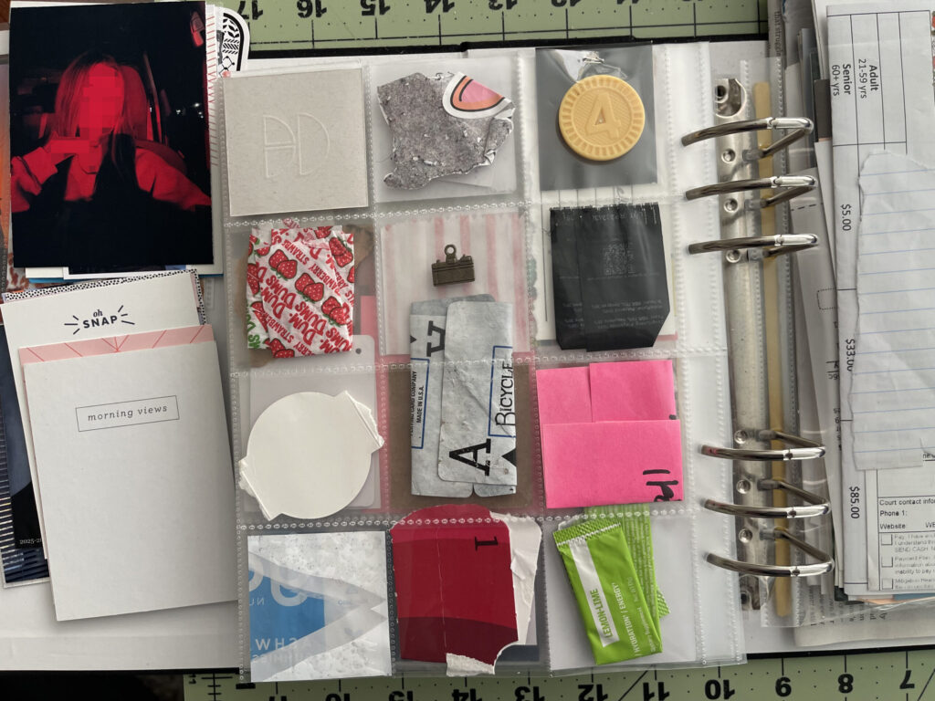 Back of a 6-inch by 8-inch page protector divided into 12 two-inch by two-inch pockets. Each pocket hold a piece of ephemera from my life in December 2025, as enumerated in the bulleted lists in the body of the post.