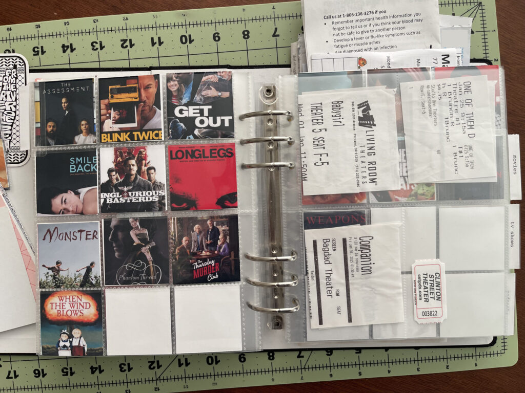 A spread of two 6-inch by 8-inch page protectors. The left-side page protector is divided into pockets measuring 2 inches by 2 inches. 10 of the 12 pockets are filled with a 2-inch by 2-inch thumbnail of a movie I watched at home in 2025: The Assessment; Blink Twice; Get Out; I Smile Back; Inglorious Basterds; Longlegs; Monster; The Phantom Thread; The Thursday Murder Club; When the Wind Blows.

The page protector on the right is divided into four 3-inch by 4-inch pockets. In each pocket, a ticket stub from a movie I saw in a theater in 2025. 