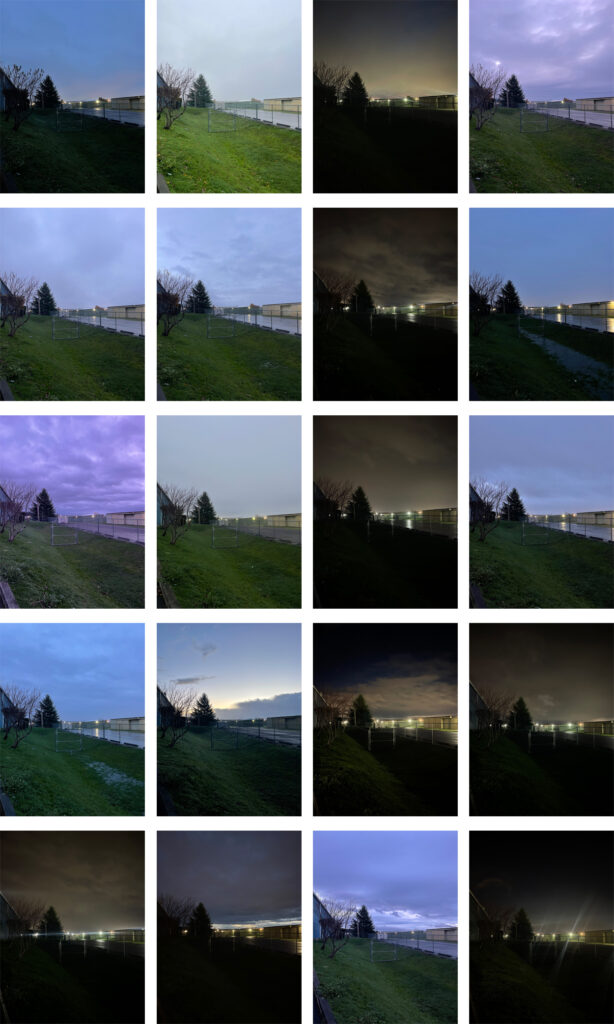 A grid of 20 photos of the morning sky from November 26, 2025, through December 29, 2025. Sometimes the sunrise is vibrant, other times it's cloudy and dark. 