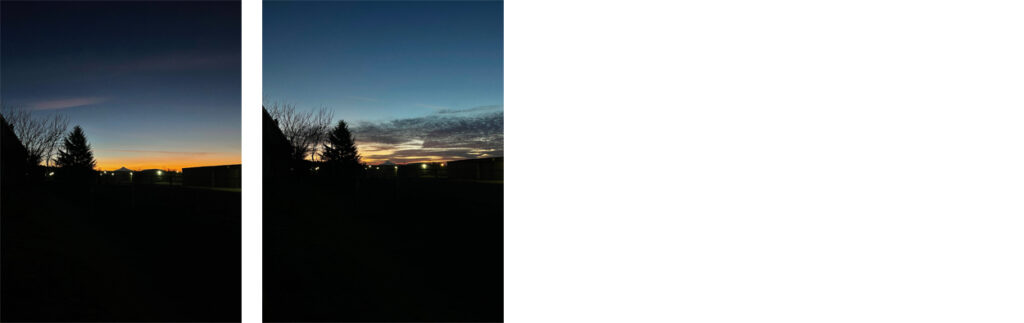 A grid of 2 photos of the morning sky from December 30, 2025, through December 31, 2025. The sky is relatively vibrant and cloud-free in both.