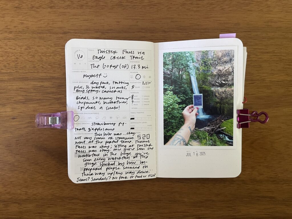 Spread of my hike of Twister Falls via Eagle Creek Trail, a 13.3-mile hike in the Columbia River Gorge, summer 2025. Details about the hike are written on the left page, a photo from the hike is on the right page, with the date of the hike stamped beneath it.