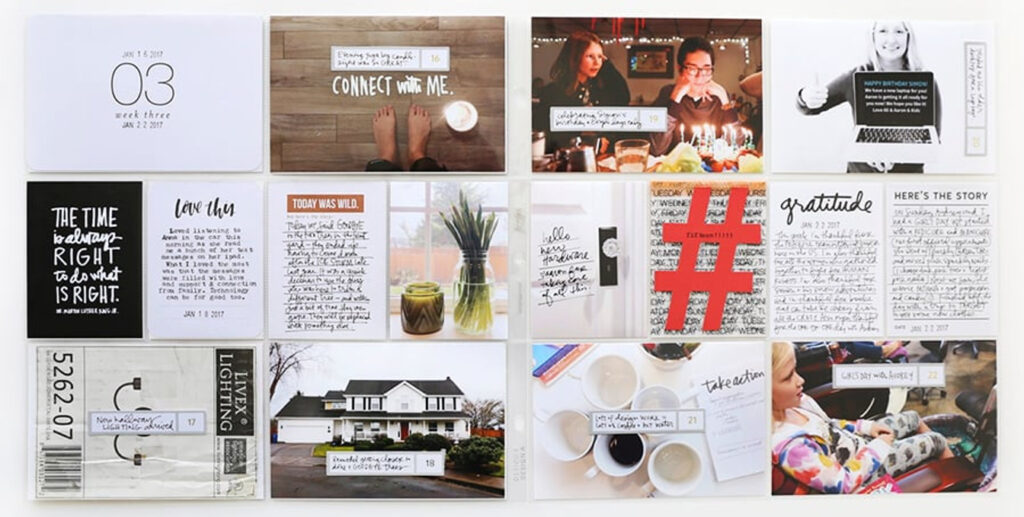 A 12x12 pocket pages spread by Ali Edwards. 