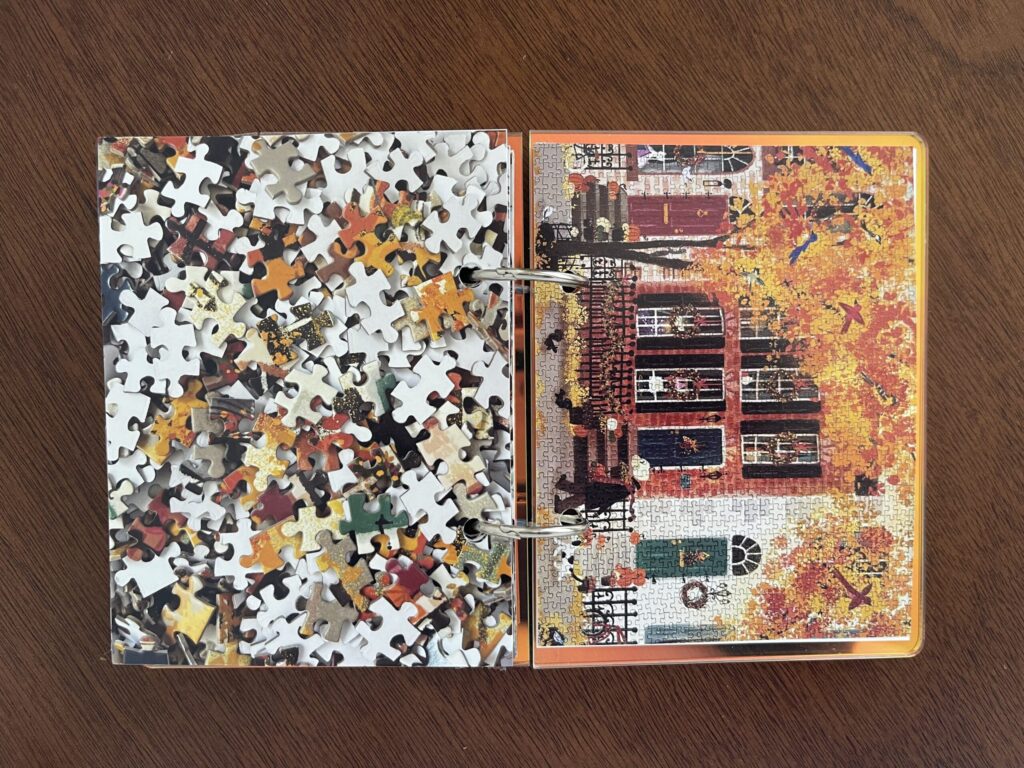 Spread #4. The left-hand page is a photo of the puzzle's unpuzzled pieces. The right-hand page is a photo of the completed puzzle of an illustration of a city residential scene during fall (probably NYC).